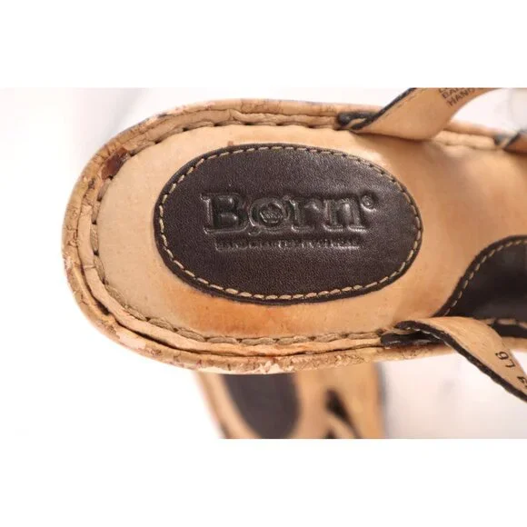 Born women's Brown Leather Cork Wedge Sandals Open Toe Strappy Design Size 8 M/W - Picture 9 of 10